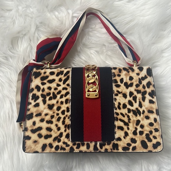 💯% Auth GUCCI Leather Bag - Sylvie Calf Hair Harako Leopard Print Shoulder Bag - Picture 5 of 17